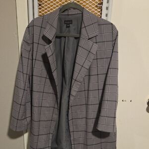 Ann Taylor Gray Plaid Long Blazer Womens Size LG